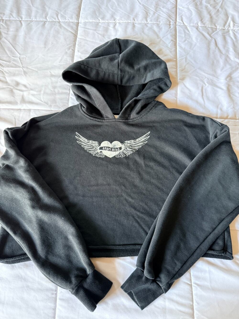 H&M Girls 12-14 Angel Mind Hoodie Black Cropped Y2K Grunge Wing Heart Sweatshirt